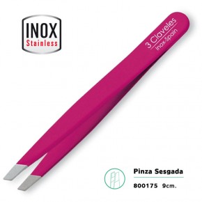 PINZA DEPILAR SESGADA FUCSIA AC.INOX 3CLAV. 9cm